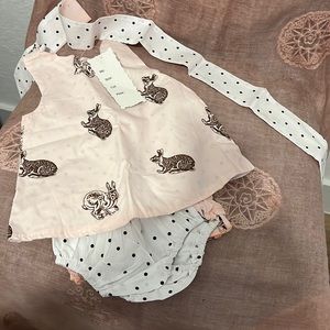 Beautiful baby girl reversible pink bunny & polka dot set! Comes w/sash for bow